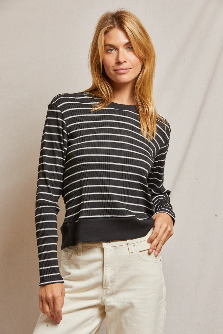 Perfect White Tee - Stef Long Sleeve Boxy Tee in Black with Sugar Stripe