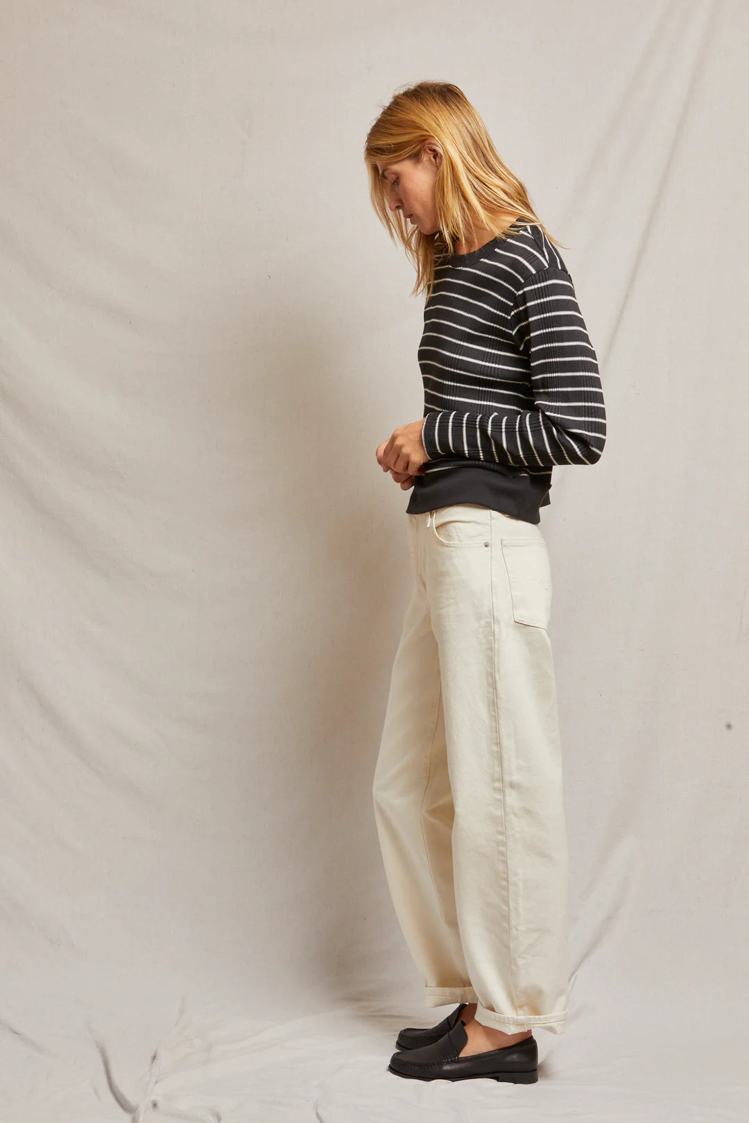 Perfect White Tee - Stef Long Sleeve Boxy Tee in Black with Sugar Stripe