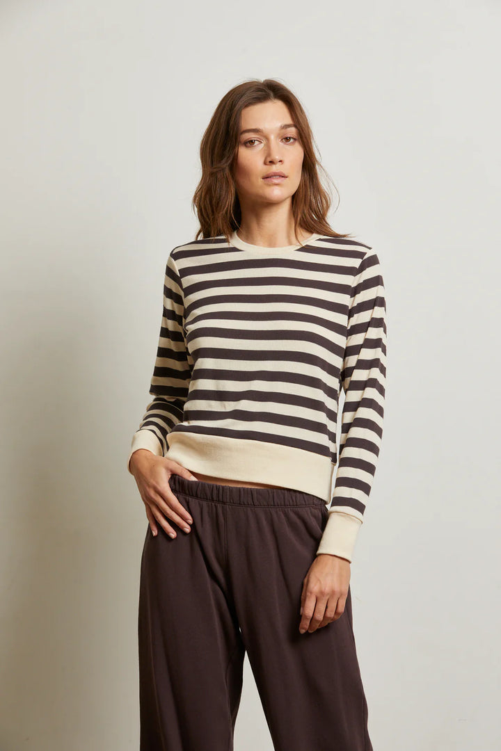 Perfect White Tee - Stef Long Sleeve Boxy Tee in Sugar with Mocha Stripe