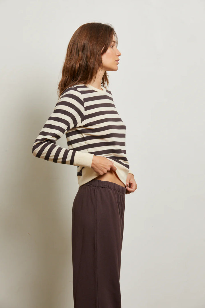 Perfect White Tee - Stef Long Sleeve Boxy Tee in Sugar with Mocha Stripe