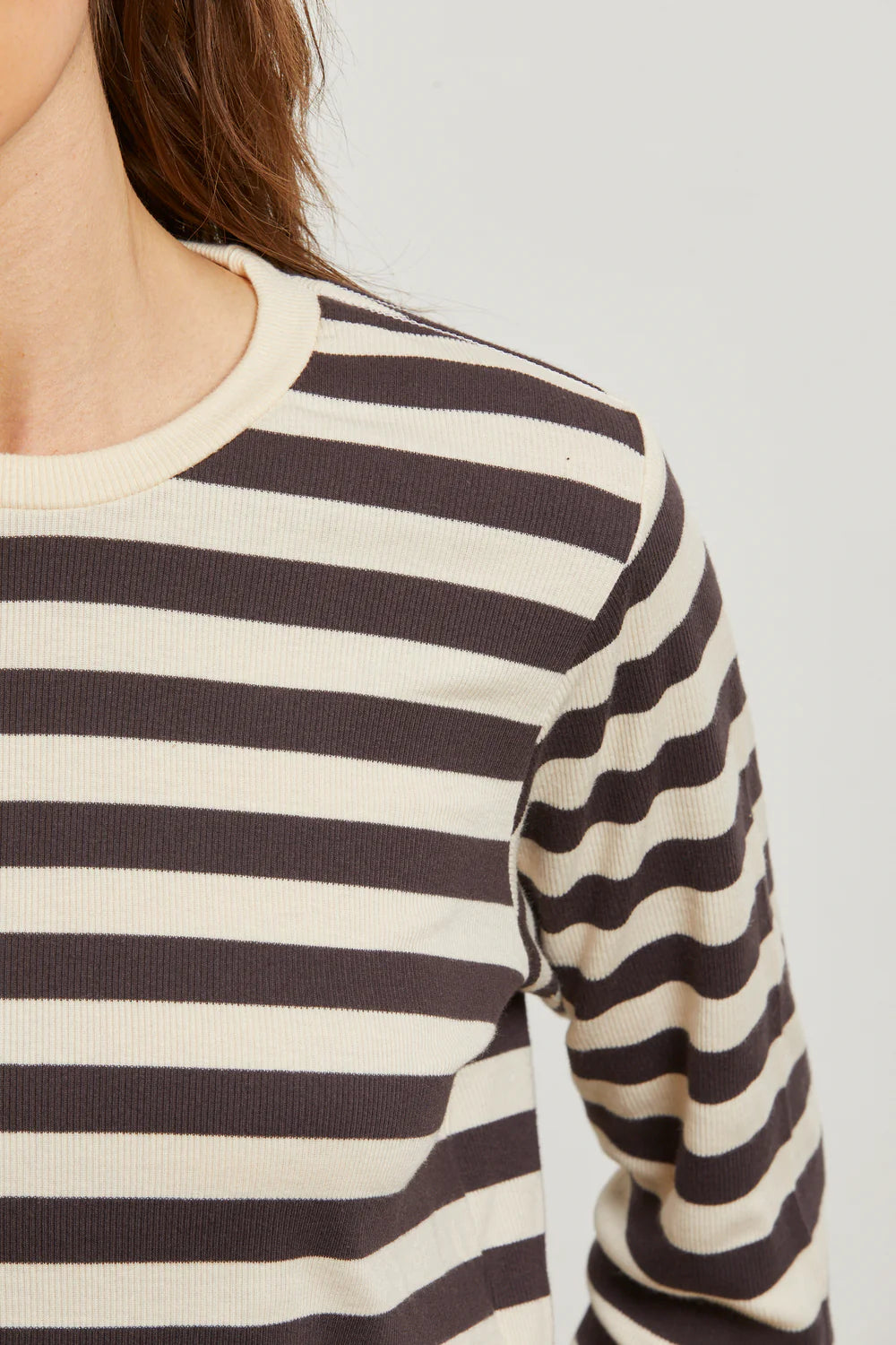 Perfect White Tee - Stef Long Sleeve Boxy Tee in Sugar with Mocha Stripe