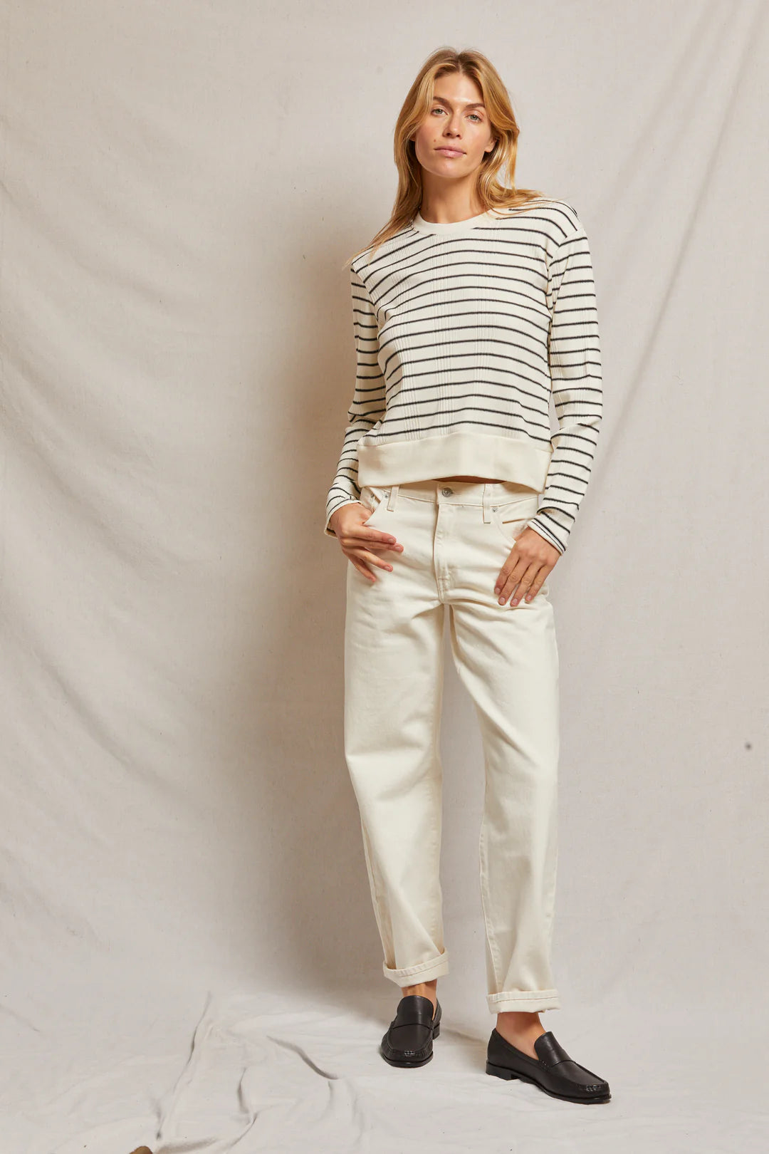 Perfect White Tee - Stef Long Sleeve Boxy Tee in Sugar with Black Stripe