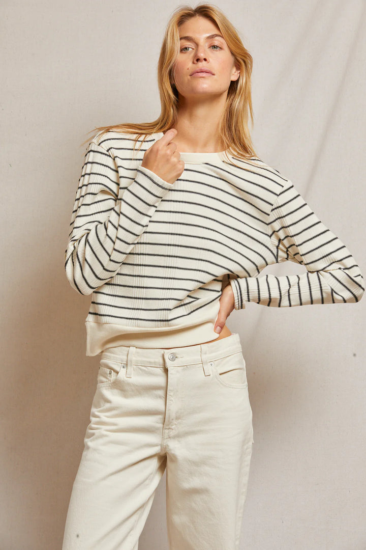 Perfect White Tee - Stef Long Sleeve Boxy Tee in Sugar with Black Stripe