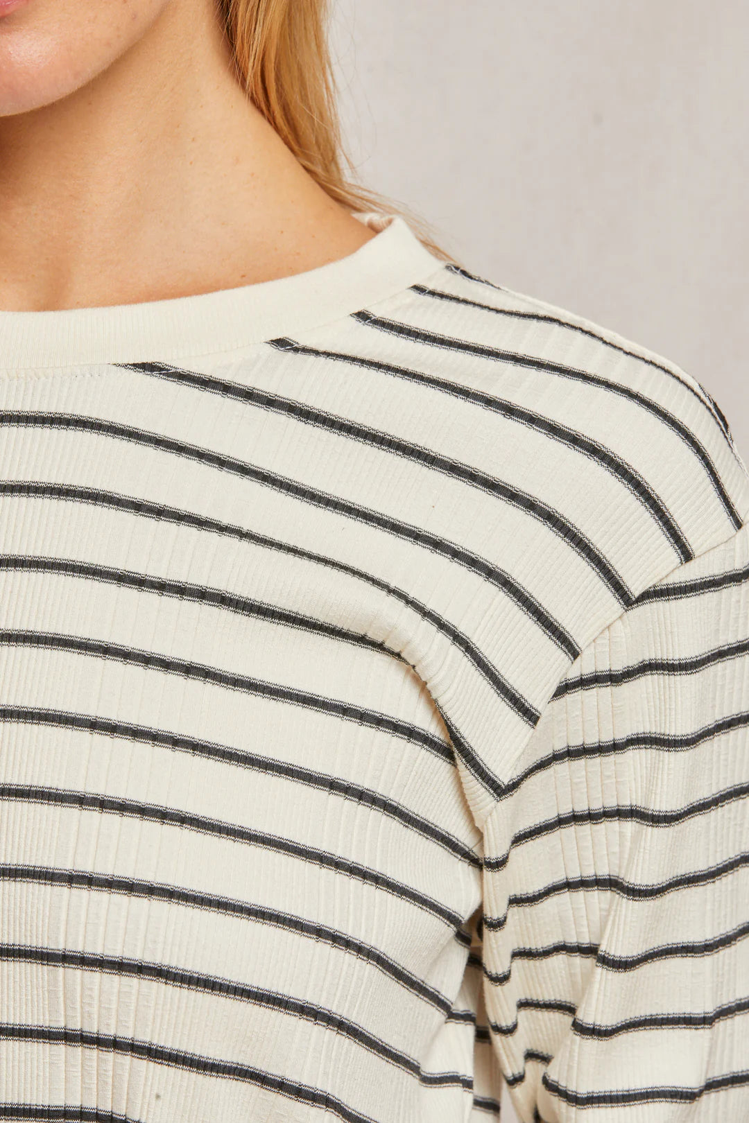 Perfect White Tee - Stef Long Sleeve Boxy Tee in Sugar with Black Stripe