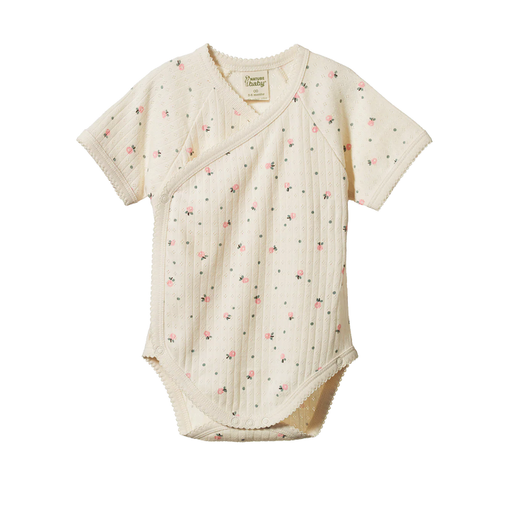 Nature Baby – Pointelle Short Sleeve Kimono Bodysuit in Posey Blossom Print