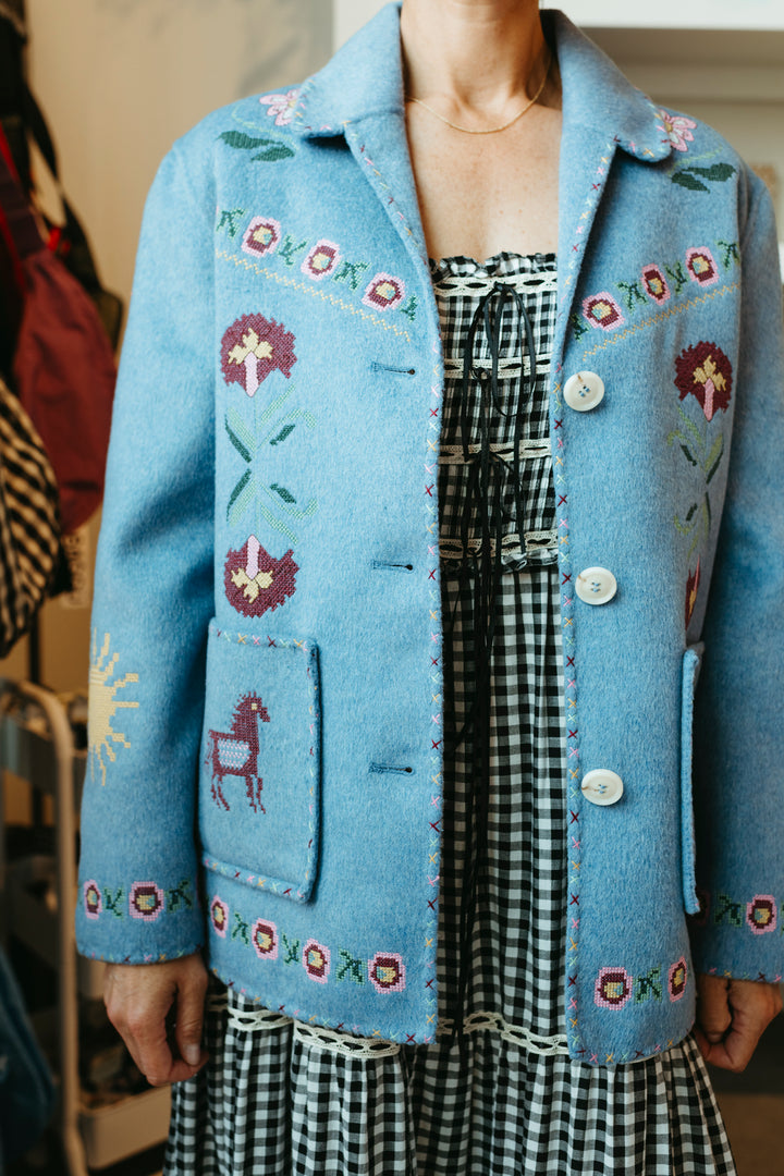 RIXO - Tashia Wool Jacket in Juliette Embroidery Blue