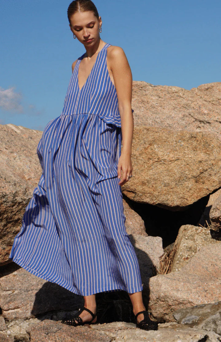 Proche - Erato Silk Maxi Dress in Cobalt and Apricot Stripe