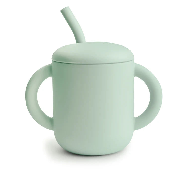 Mushie - Silicone Training Cup + Straw in Cambridge Blue