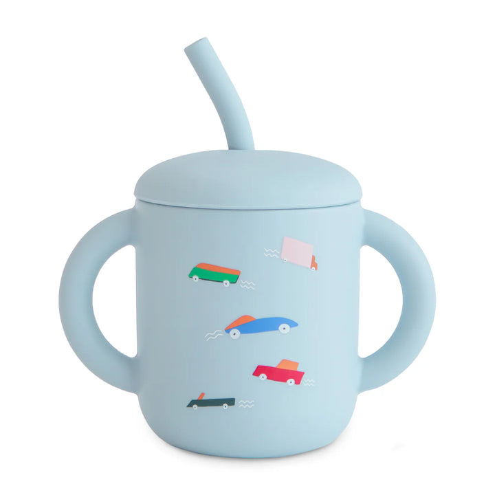 Mushie - Silicone Training Cup + Straw in Retro Cars