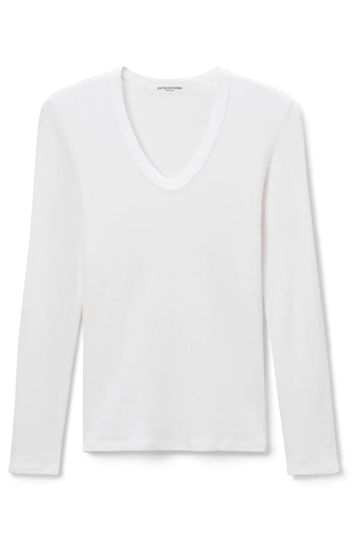 Perfect White Tee - Viola V Neck Rib Longsleeve in White