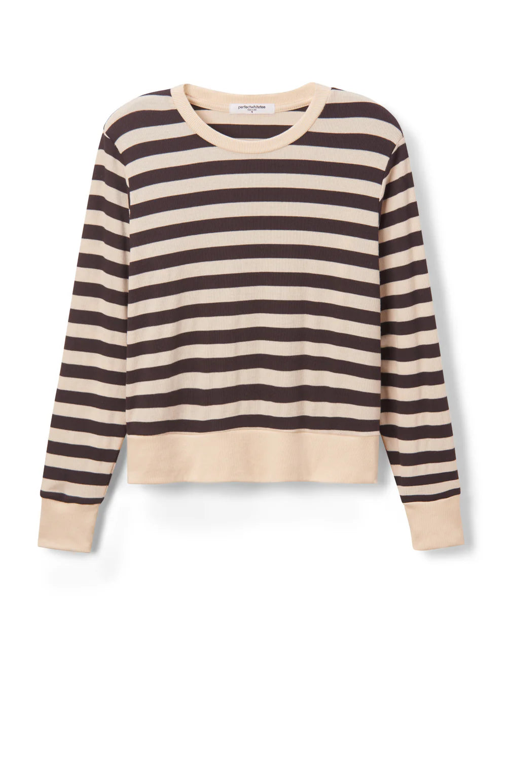 Perfect White Tee - Stef Long Sleeve Boxy Tee in Sugar with Mocha Stripe