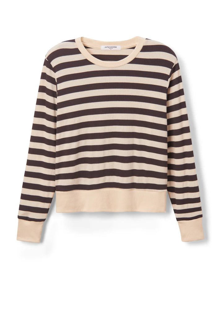 Perfect White Tee - Stef Long Sleeve Boxy Tee in Sugar with Mocha Stripe
