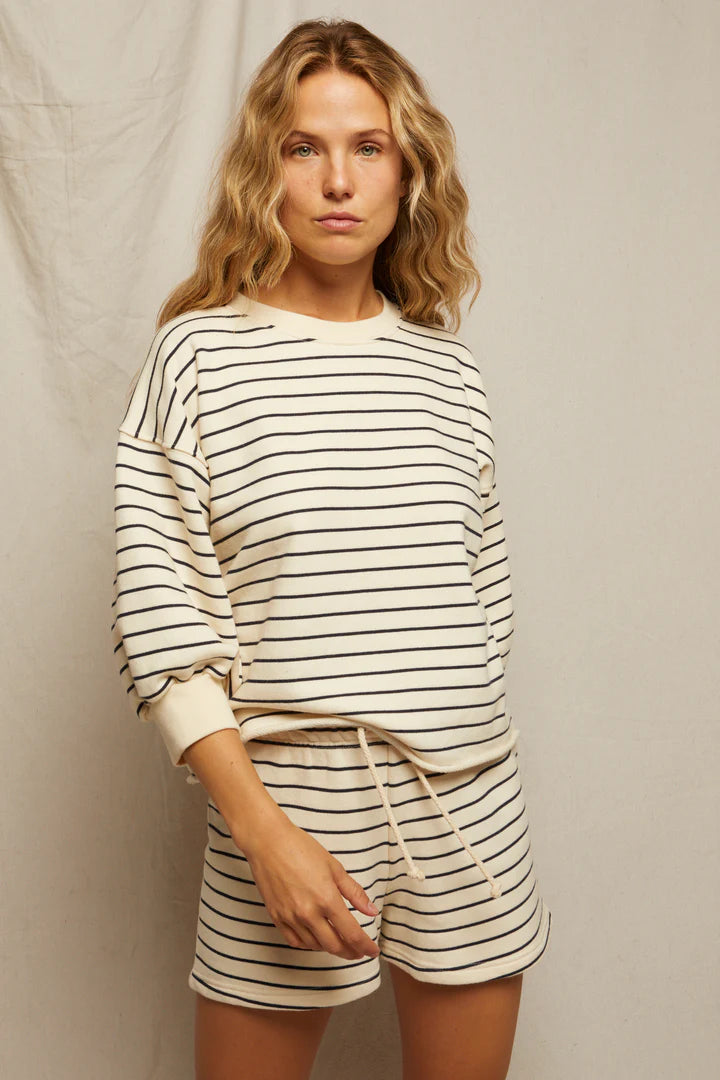 Perfect White Tee - Niall 3/4 Bubble Sleeve Sweatshirt in Navy and Natural Stripe