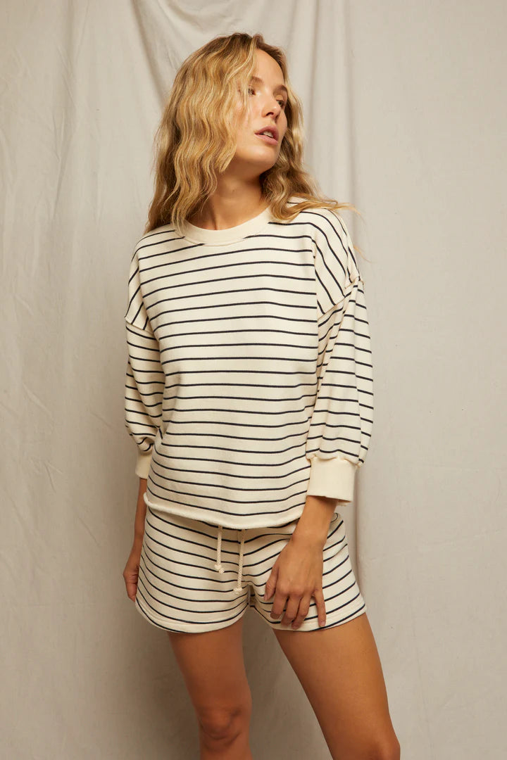 Perfect White Tee - Niall 3/4 Bubble Sleeve Sweatshirt in Navy and Natural Stripe