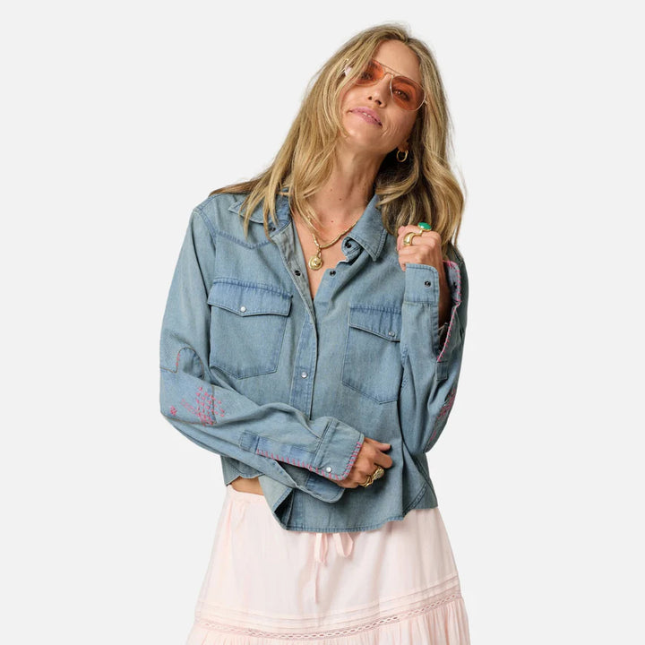 Kerri Rosenthal – Pia Western Button Down Shirt in True Denim with Pink