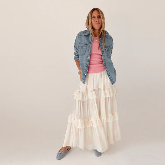 Kerri Rosenthal – Pia Western Button Down Shirt in True Denim with Pink