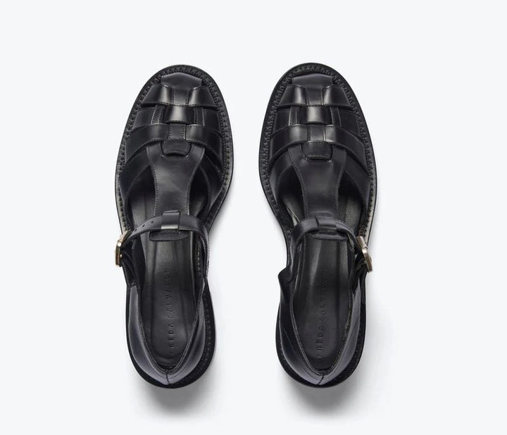 Freda Salvador – Dahlia T-Strap Fisherman Loafer in Black Box Calf