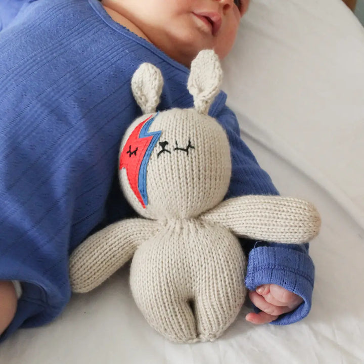 Sootie Limetree – Handknitted Bowie Bunny Rattle