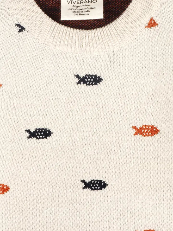 Organic Cotton Fishes Jacquard Knit Baby Pullover Sweater