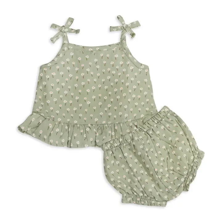 Viverano Organics – Organic Muslin Floral Shoulder Tie Baby Top and Shorts in Sage