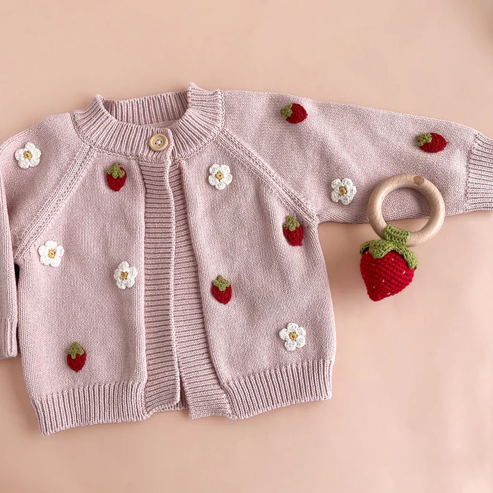 The Blueberry Hill – Cotton Strawberry Flower Cardigan in Blush