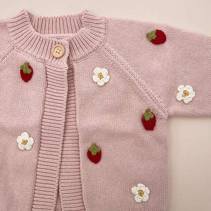 The Blueberry Hill – Cotton Strawberry Flower Cardigan in Blush