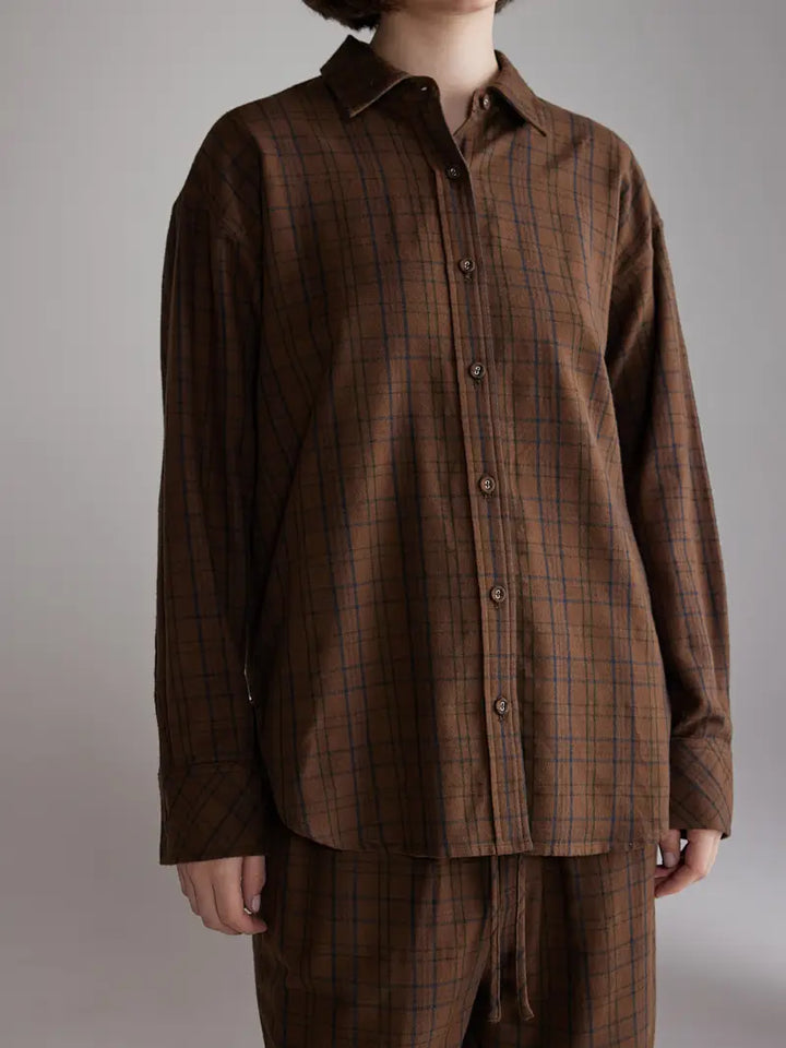 Amente – Brushed Plaid Button Down Shirt in Brown & Black