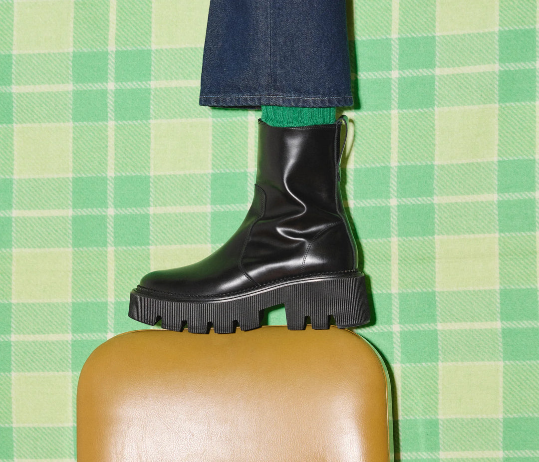 Freda Salvador Darla Lug Sole Boot in Black Box Calf 6.5