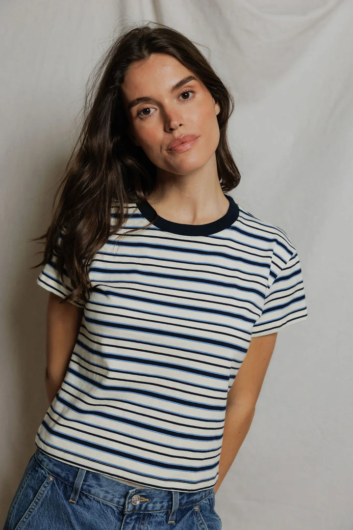 Perfect White Tee – Dawn Ringer Crew Tee in Navy/Pacific Stripe