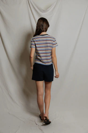 Perfect White Tee – Dawn Ringer Crew Tee in Pacific and Clementine Stripe