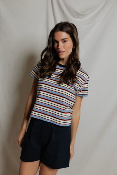 Perfect White Tee – Dawn Ringer Crew Tee in Pacific and Clementine Stripe