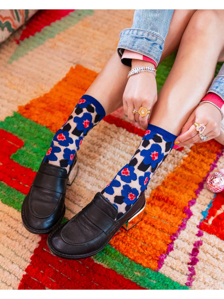 Bold Blue Floral Sheer Crew Sock