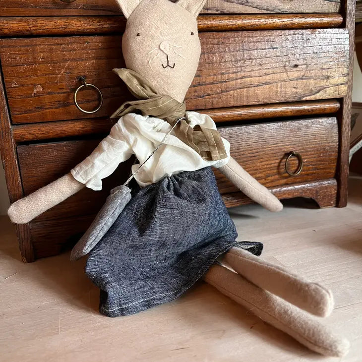 Woolgrass Farm – Mae the Barn Cat Doll – Chambray Skirt