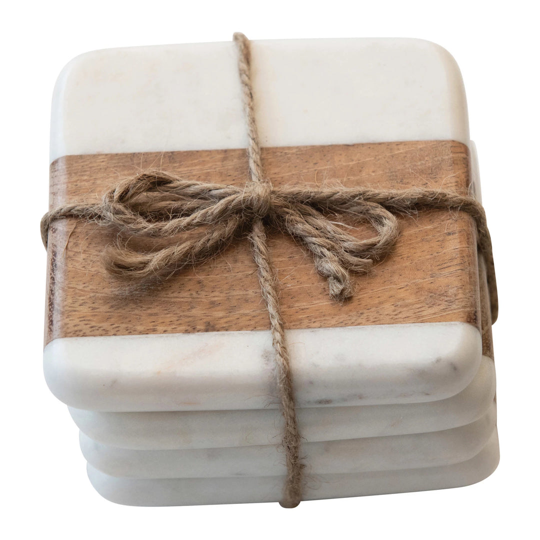 Square Marble and Wood Coasters-Set of 4