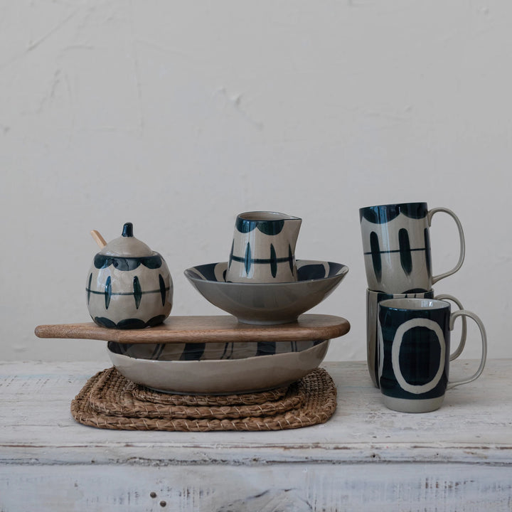 Hand-Painted Stoneware Serving Bowl in Midnight / Cream Stripe