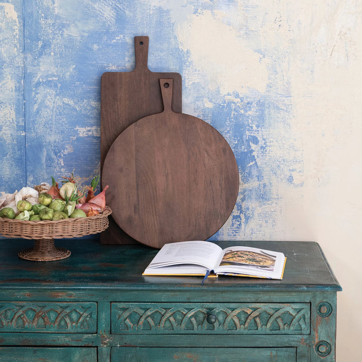 Mango Wood Cheese Board w/ Handle in Walnut Finish