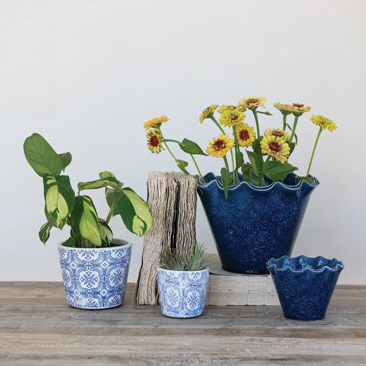 Small Painted Blue Stoneware Planter Pot with Drainage Holes
