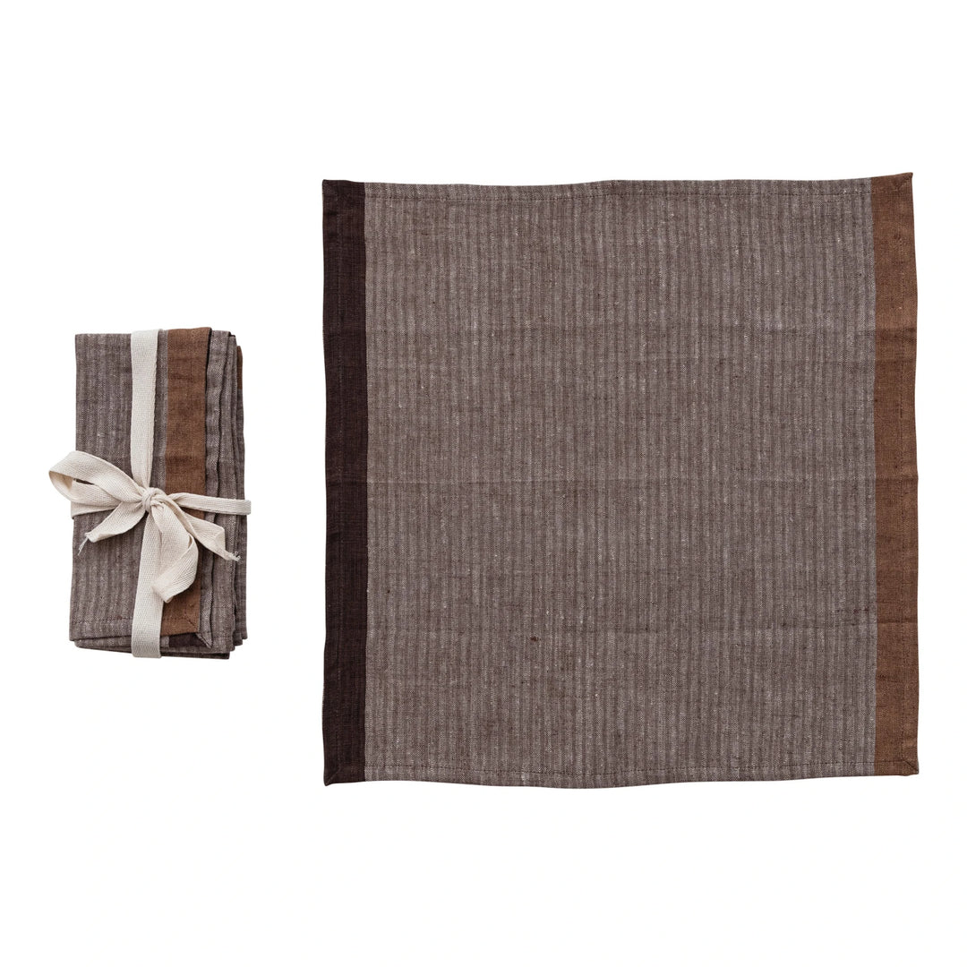 Woven Striped Linen Napkins in Bown and Plum