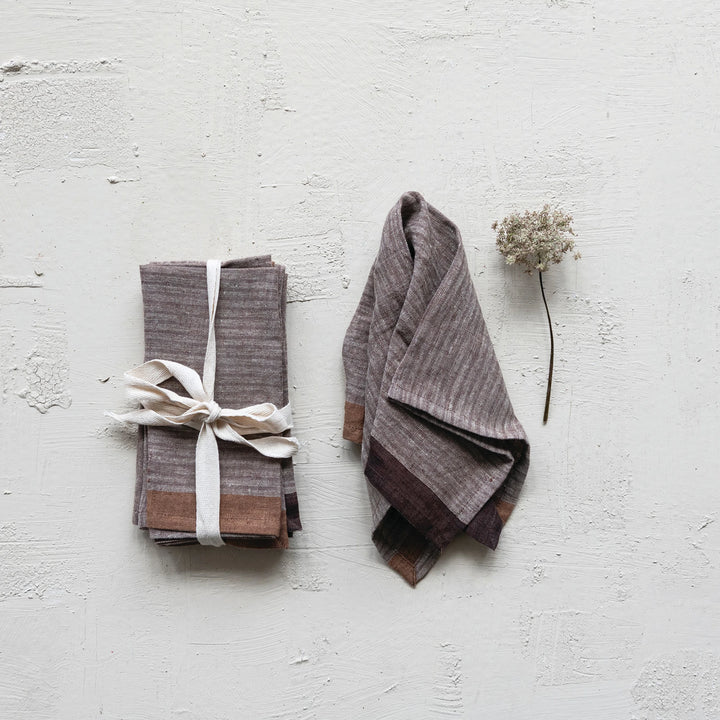 Woven Striped Linen Napkins in Bown and Plum