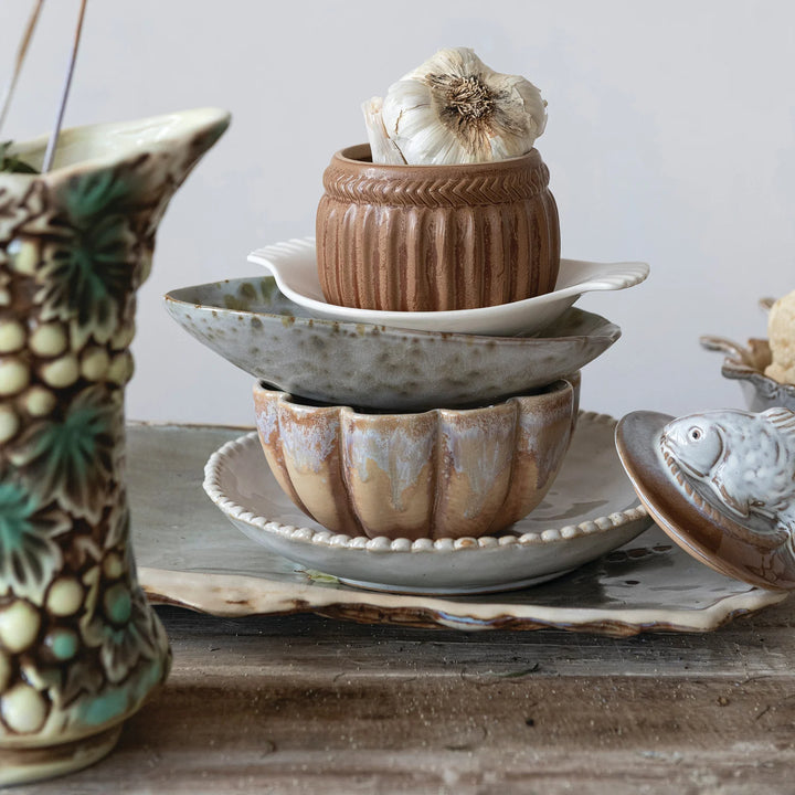 Stoneware Fluted Scalloped Bowl with Brown Crackle Glaze