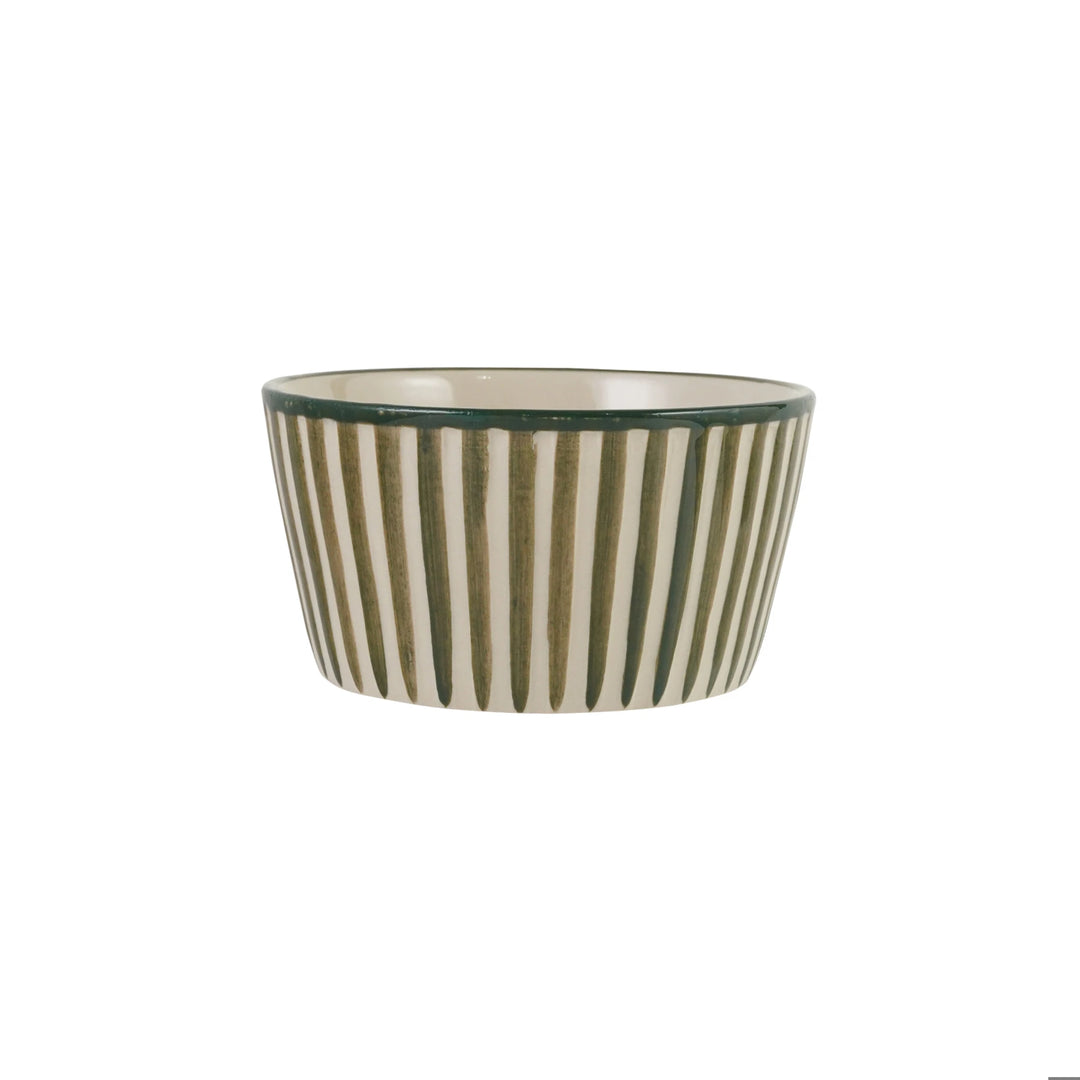 Hand-Painted Stoneware Striped Bowl in Green and Cream