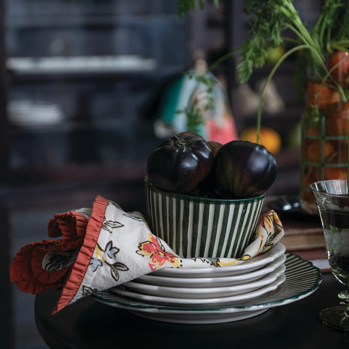 Hand-Painted Stoneware Striped Bowl in Green and Cream