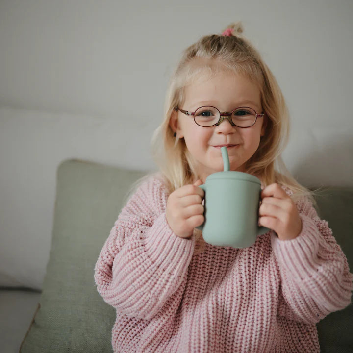 Mushie - Silicone Training Cup + Straw in Cambridge Blue
