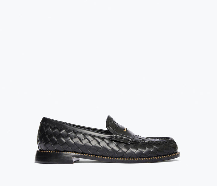 Freda Salvador – Elba Penny Loafer in Black Woven Calf with Hardware