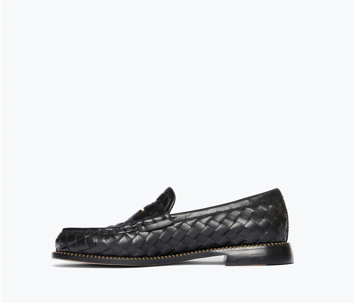 Freda Salvador – Elba Penny Loafer in Black Woven Calf with Hardware