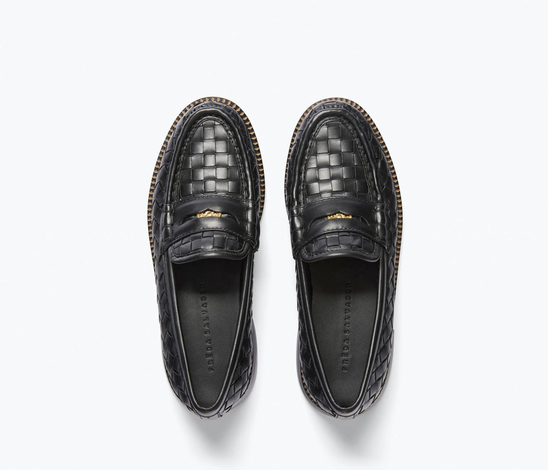 Freda Salvador – Elba Penny Loafer in Black Woven Calf with Hardware