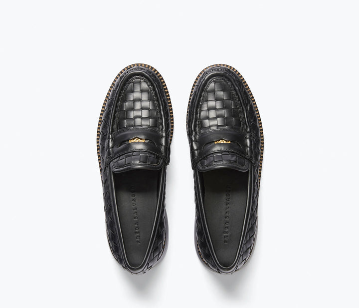 Freda Salvador – Elba Penny Loafer in Black Woven Calf with Hardware