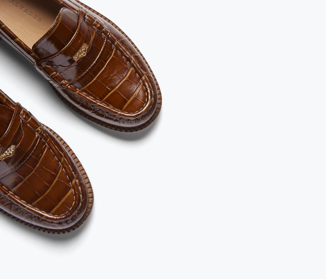 Freda Salvador – Elba Penny Loafer in Hickory Embossed Leather