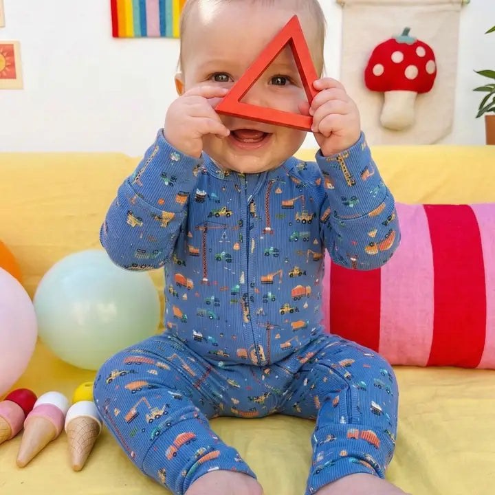 Bug + Bean – Bamboo Small Rib Zip Romper in Blue Construction