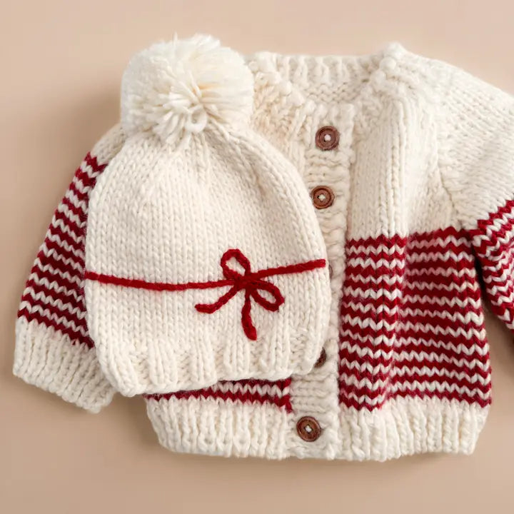 The Blueberry Hill - Rib Knit Stripe Cardigan in Cream/Red